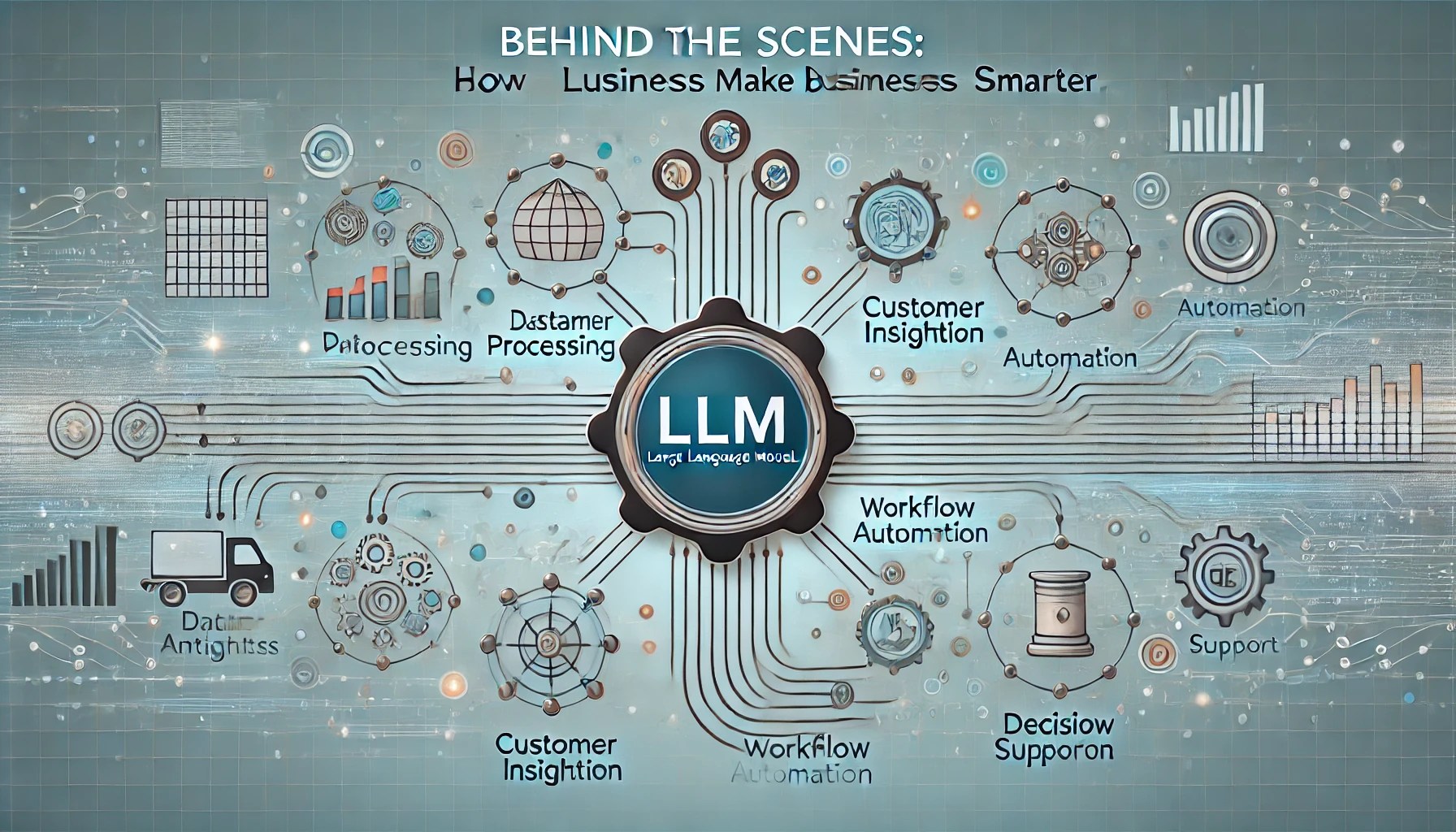 Here’s the image for "Behind the Scenes: How LLMs Make Businesses Smarter," featuring a central LLM hub connected to icons for data processing, customer insights, workflow automation, and decision support. The design emphasizes intelligent integration with a clean, professional look.