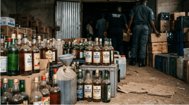 Nafdac Officials Inspect Suspected Counterfeit Drinks And Packaging Materials During A Crackdown In Nigeria.