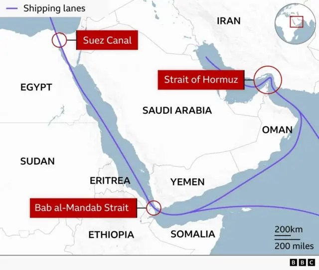 Map of the Arabian Peninsula showing Yemen, Dhahran, Riyadh and the Bab el-Mandeb and Hormuz straits, illustrating Houthi missile reach into eastern Saudi Arabia.