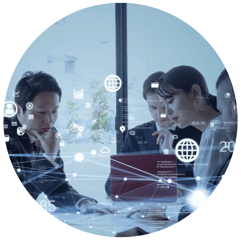 Business meeting with digital overlays