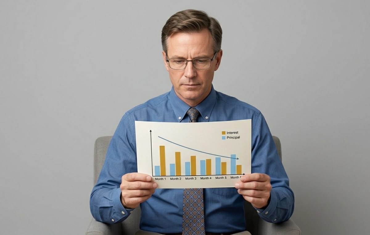 Man reading a paper with reducing interest rate graph