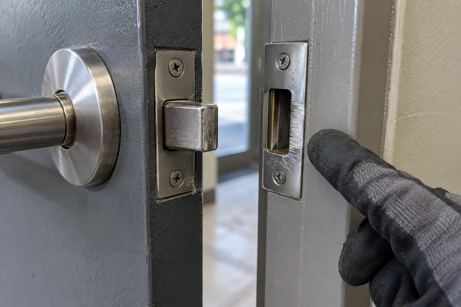 Close-up of a commercial door latch and strike plate with alignment rub marks