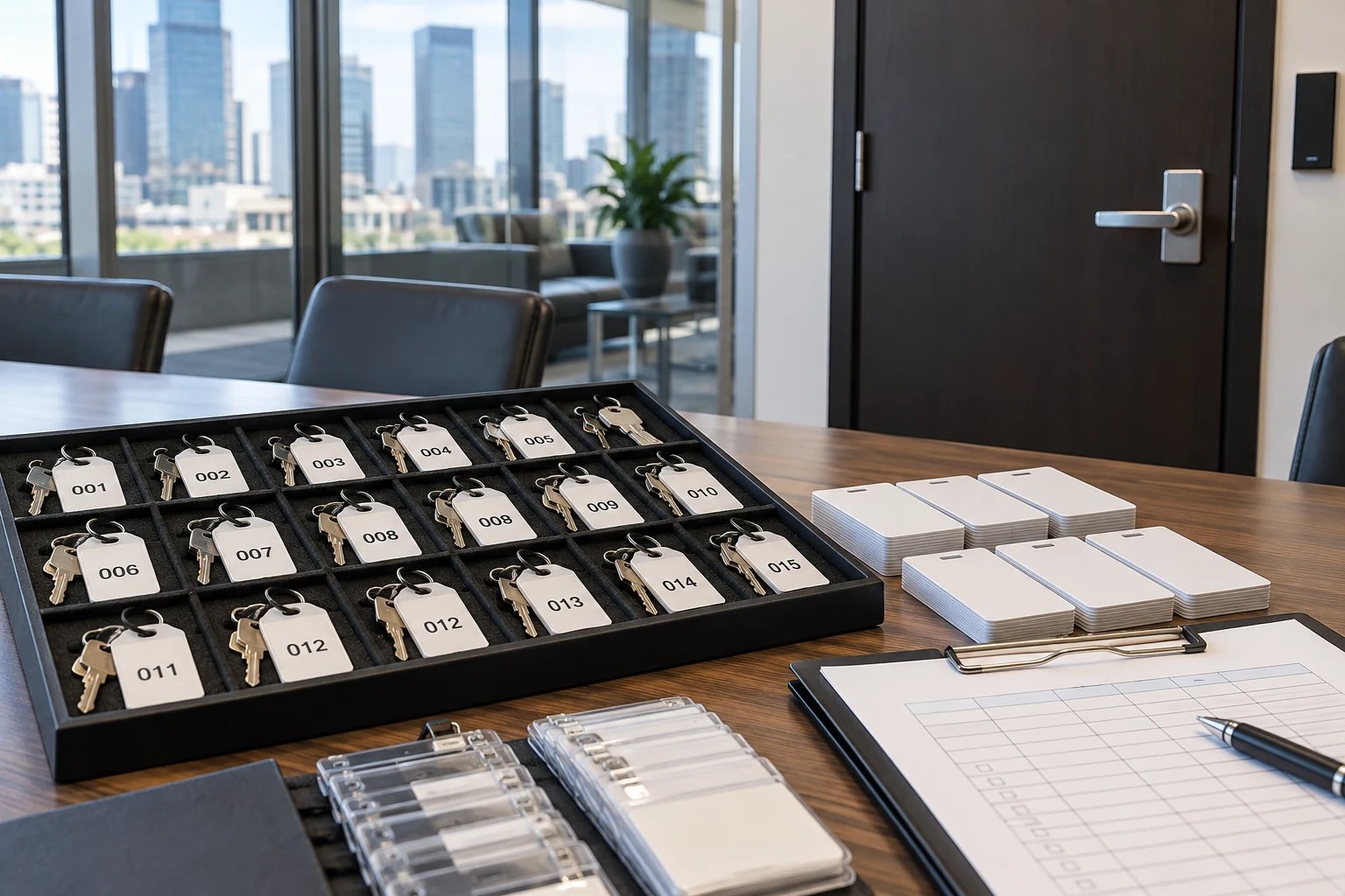 Organized commercial keys and access cards during a Downtown Denver key-control audit