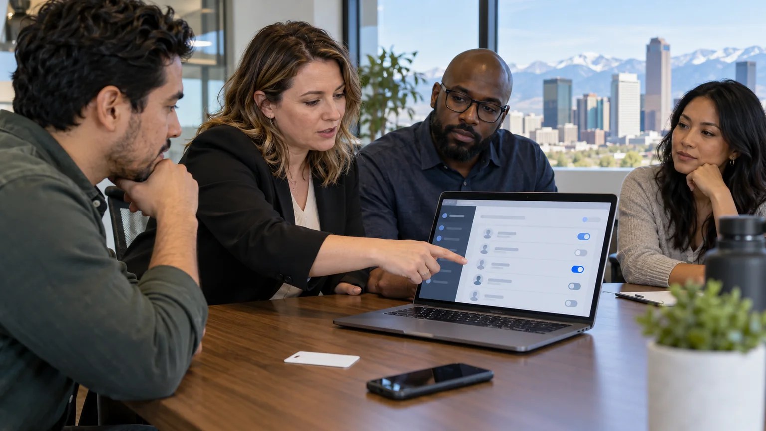 Denver business team reviewing mobile and card access permissions