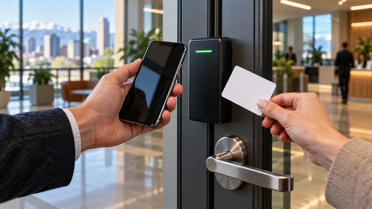 Smartphone and key card presented beside a modern commercial access reader