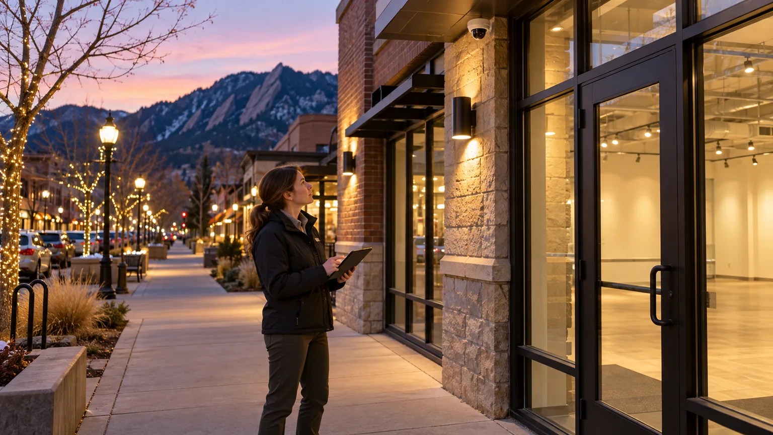 Property manager checking a vacant Boulder storefront entrance and exterior lighting at dusk