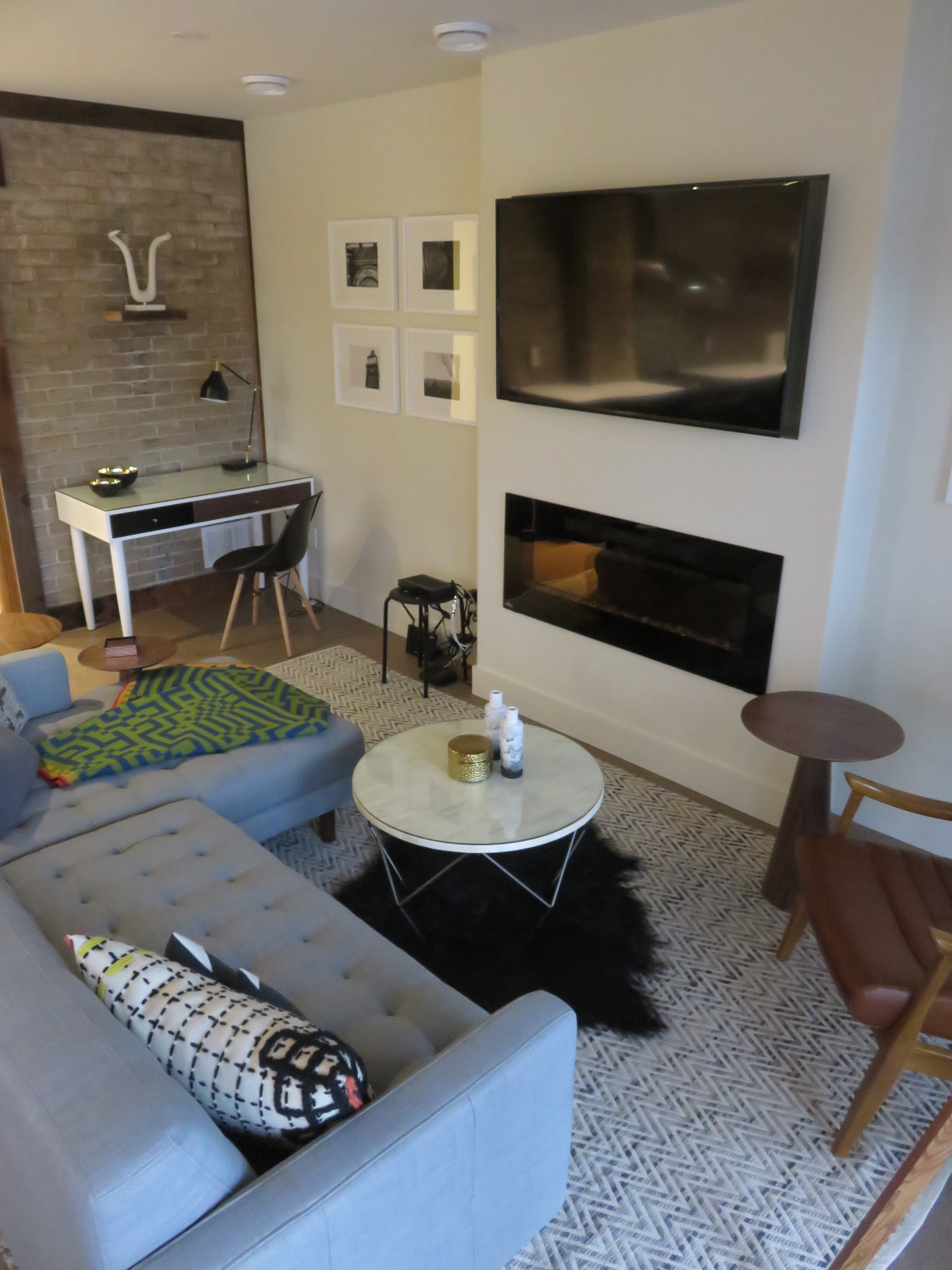 living room, built in fireplace and 55" smart TV