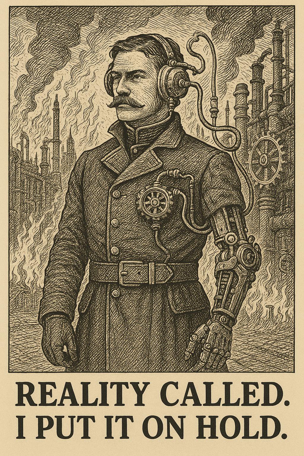An Image in the style of a hand-drawn Victorian etching, this sepia-toned illustration features a man with a moustache, wearing a long coat and industrial-style headphones. He has a mechanical arm designed in a steampunk style and a device attached to his chest. In the chaotic background, factory smokestacks are emitting smoke and fire. The text below reads, "Reality called. I put it on hold."