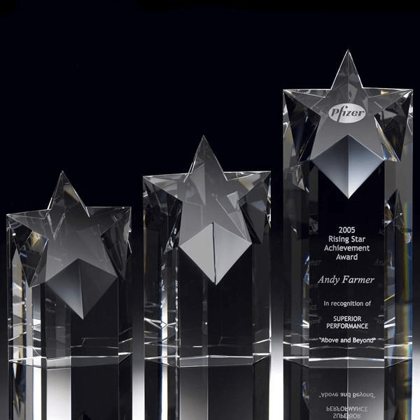 Custom engraved five-pointed star award for employee recognition.