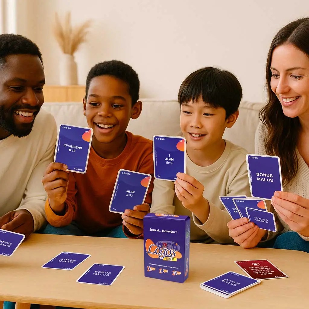 Enfants jouant au jeu de cartes bibliques Logos avec enthousiasme