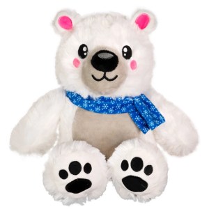 White fluffy polar bear with pink ears, a blue scarf with snowflakes, and paws on both feet.