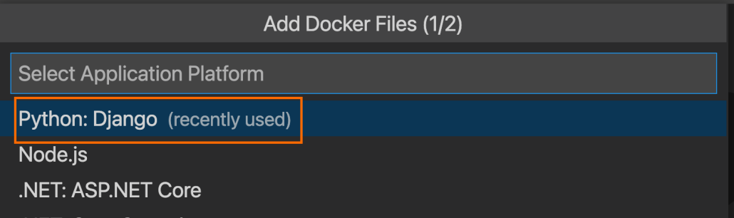 Screenshot of VSCode showing Select Application Platform with Python: Django selected.