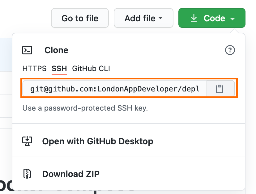 Screenshot of SSH clone URL for Git repo.
