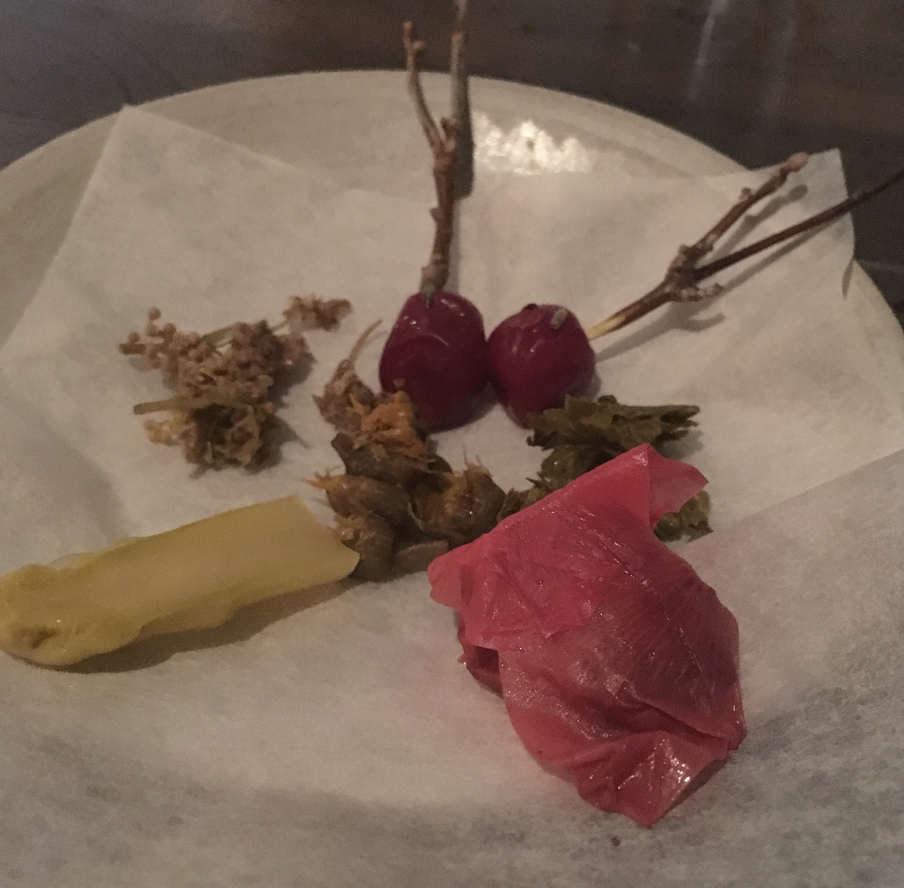 Roasted Duck part two: Pickles made from rose petals, asparagus, and plum.