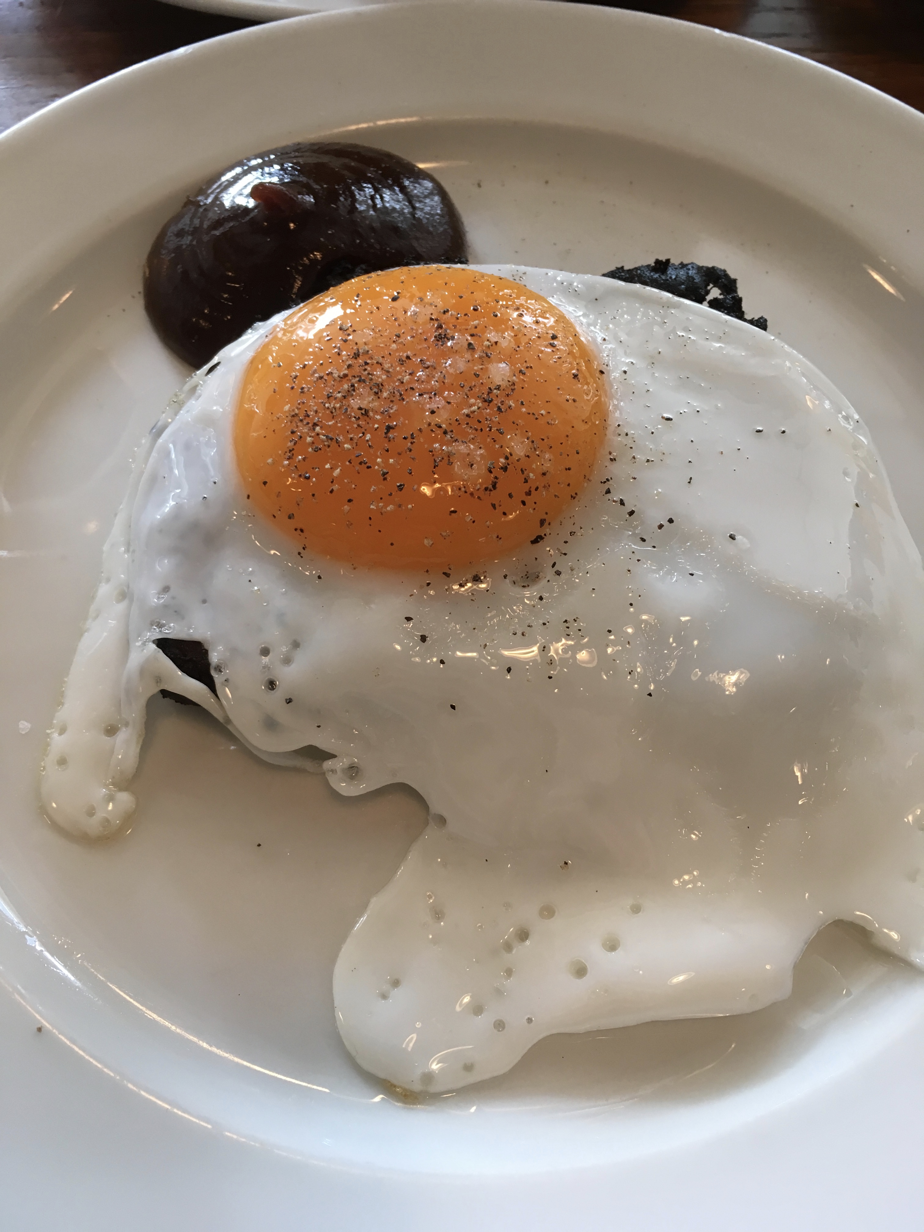 Blood Cake, Fried Egg and Brown Sauce. Get it