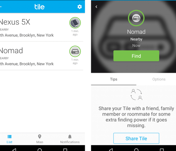 The Tile app listing the Nomad PowerPack and a Find screen for locating it