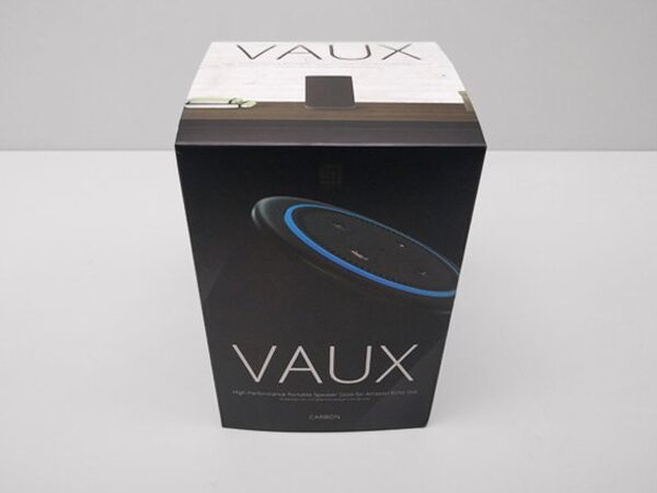 The Vaux retail box showing the speaker and Echo Dot combination on the front