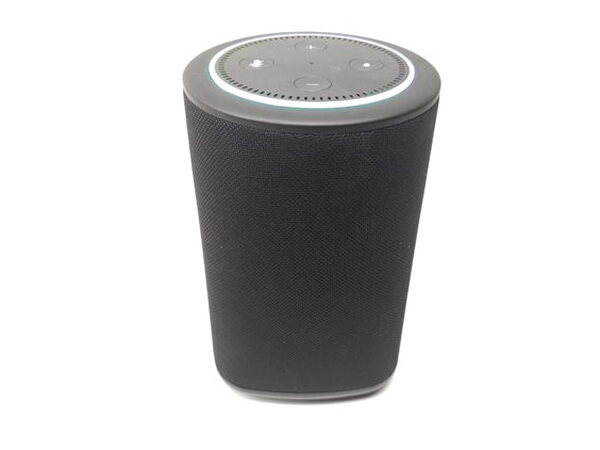 The Vaux with Echo Dot seated on top, viewed from a slightly elevated angle