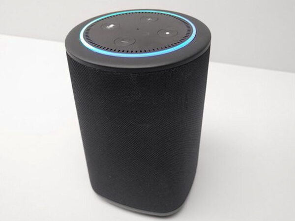 The assembled Vaux with Echo Dot seated on top, light ring lit blue