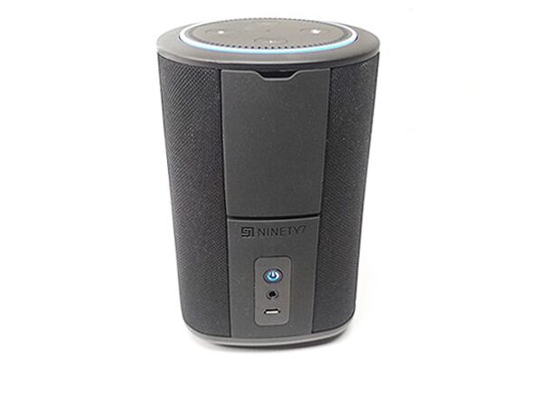 The Vaux speaker from the front, showing the Ninety7 logo and control panel near the base