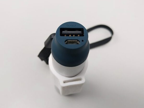 The USB output and Micro-USB input ports on the Lithium 3400 battery pack