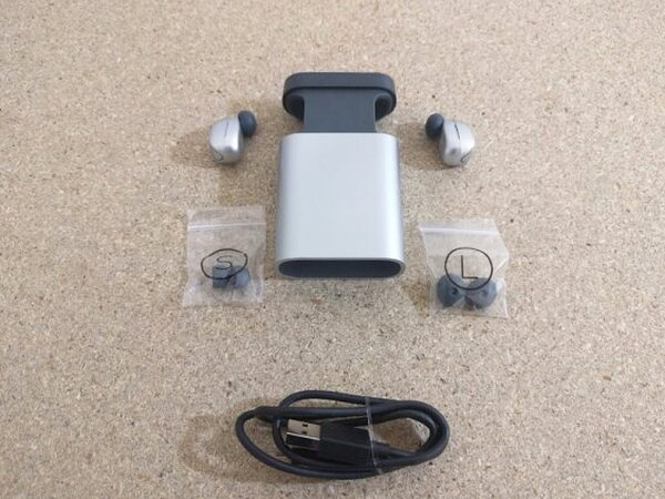 Everything included with the Skybuds: case, buds, replacement tips, and charging cable