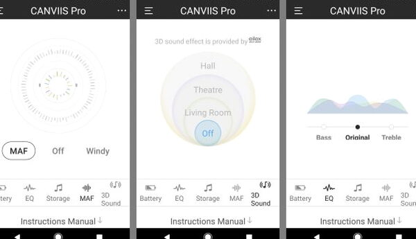 The Fiil+ app showing the MAF noise-cancelling screen, the 3D Sound room simulator, and EQ presets
