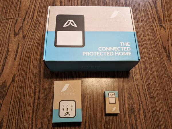 Abode Connected Protected Home retail box with keypad and door sensor in front