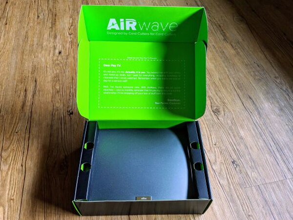 Opened Mohu AirWave box with antenna panel visible inside