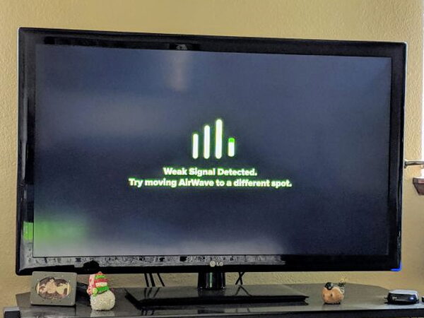 Television screen showing weak signal detected in the AirWave app