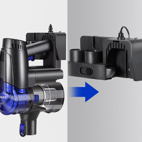 The wall mount holds the vacuum and stores two small accessories beside it.