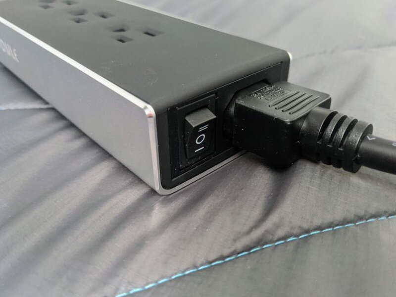 The power cord plugs into the switched end of the JouleBAR.