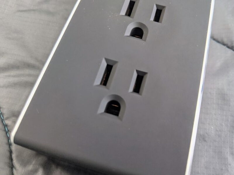 A close look at the three 110V outlets and their generous spacing.