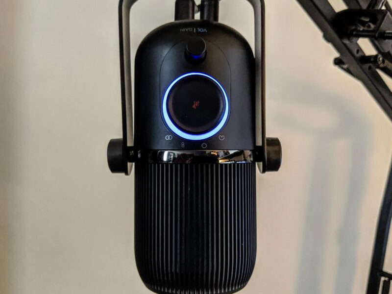 Boom-mounted and glowing blue, the setup I settled into for daily use.