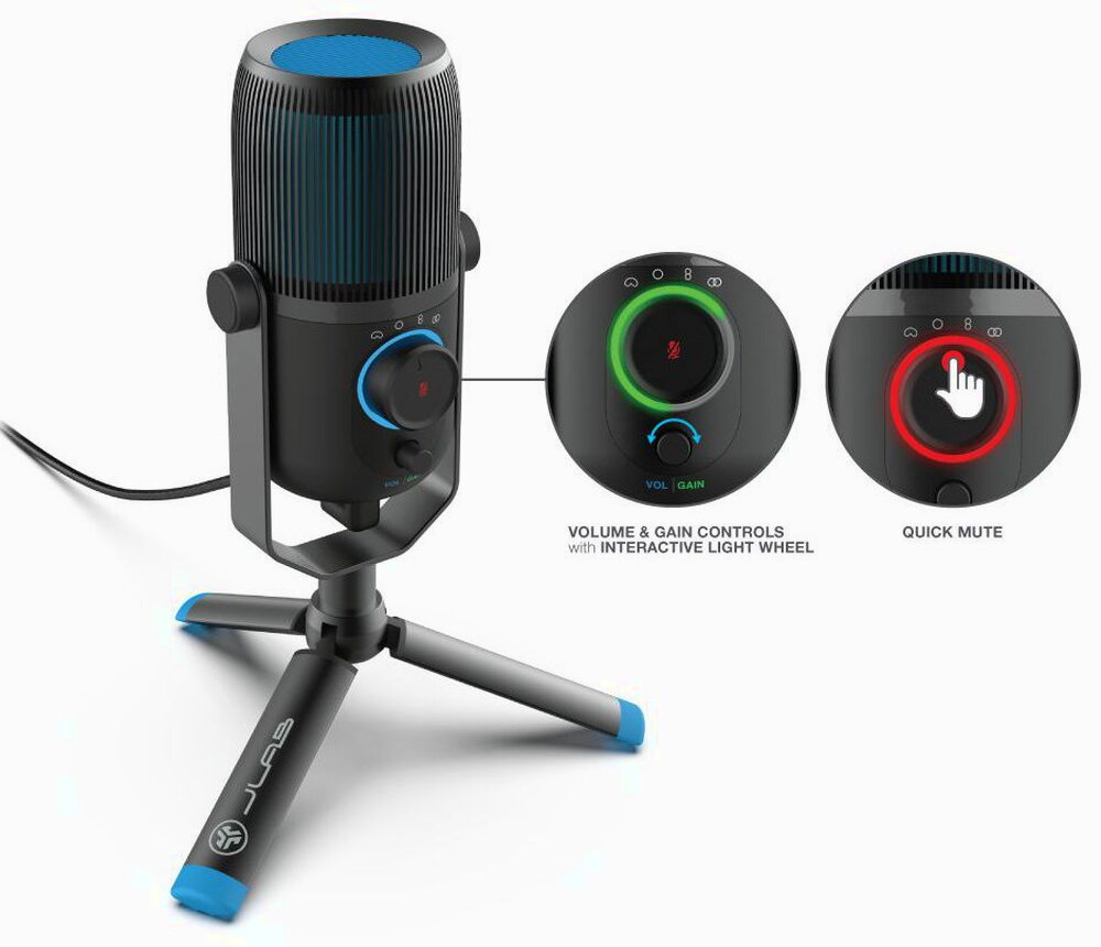 A manufacturer graphic showing the ring lit green for gain and red for quick mute.