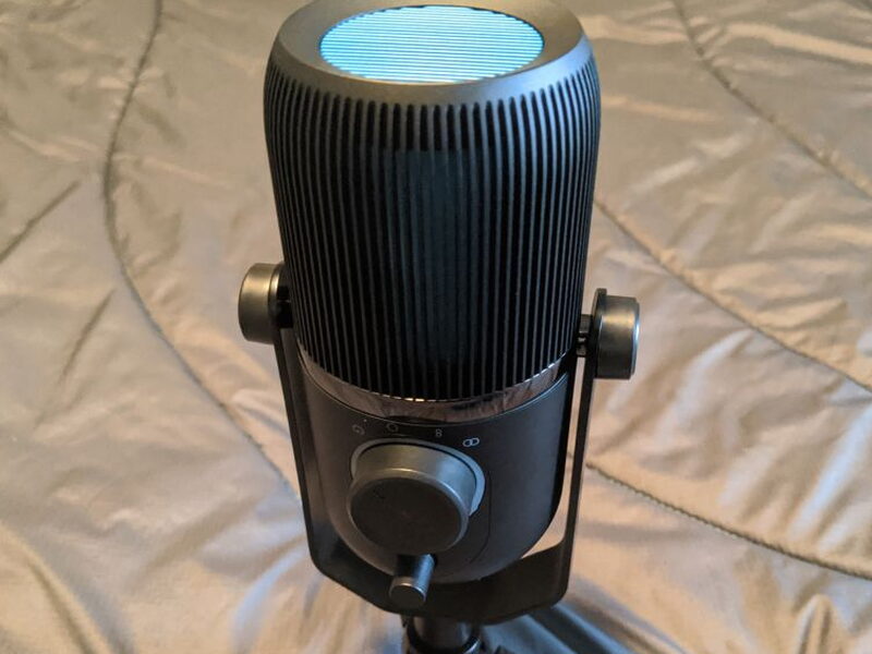 A straight-on look at the Talk on its tripod, unlit.
