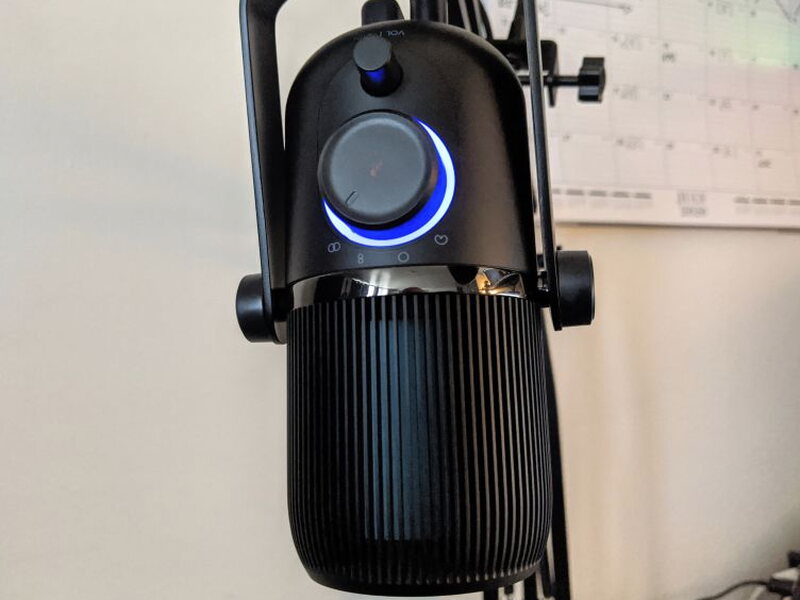 A closer look at the boom mount, the ring still glowing blue.