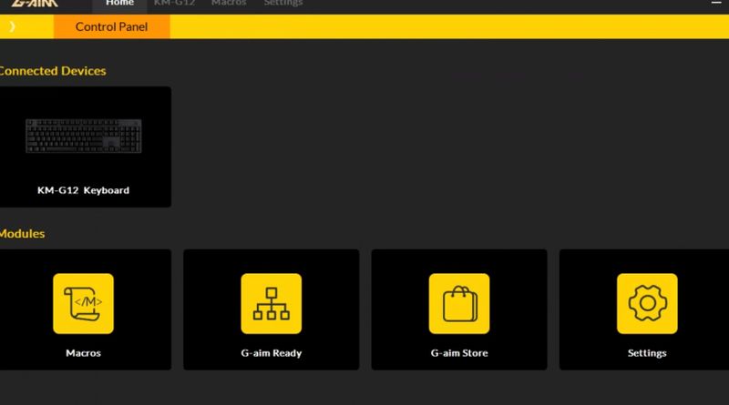 The G-AIM software home screen, showing the connected KM-G12 and its four modules.