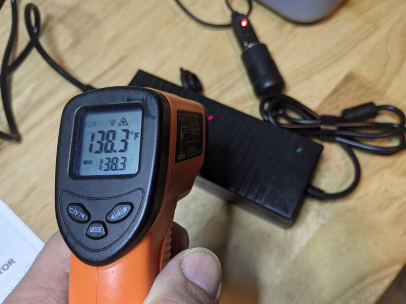 Warm AC to DC converter temperature reading during testing.