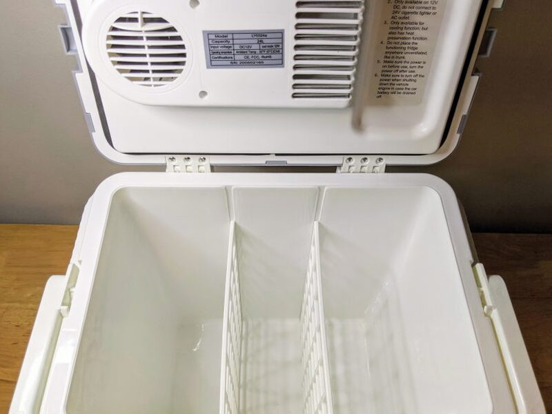 Cooler interior with the dividers installed and lid open.