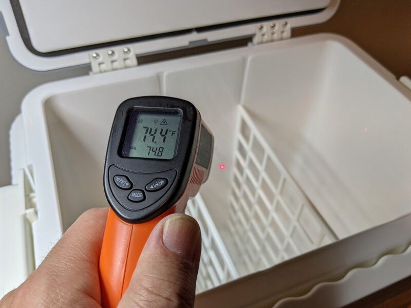 Initial empty cooler temperature reading before cooling started.