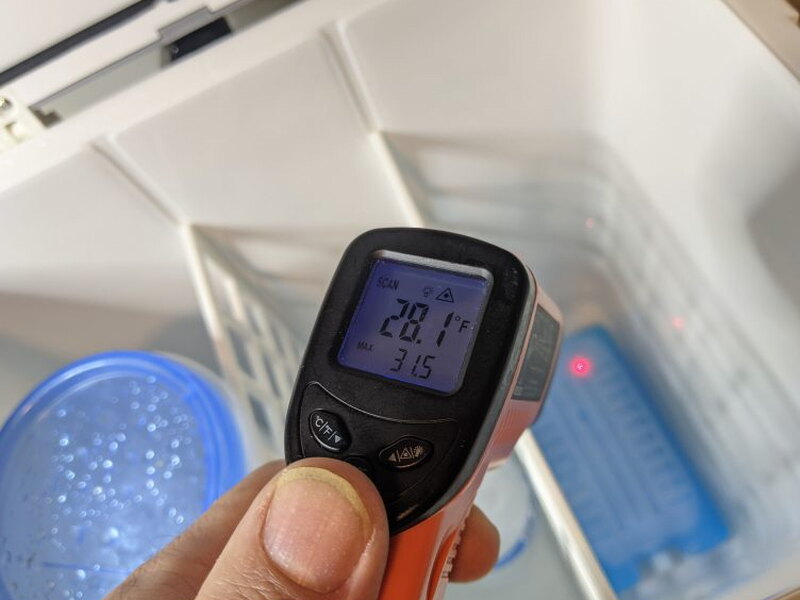 Ice pack temperature reading after being placed in the cooler.