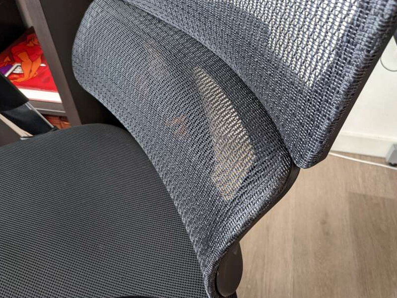The lumbar panel where it meets the seat, the springy inset visible under the mesh.