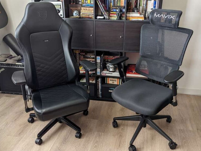 The padded, leather-look Noblechairs Hero next to the mesh Mavix M4.