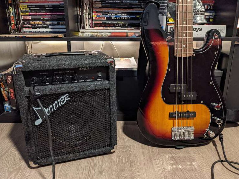 The DBA-1 set up near the test bass in the listening area.