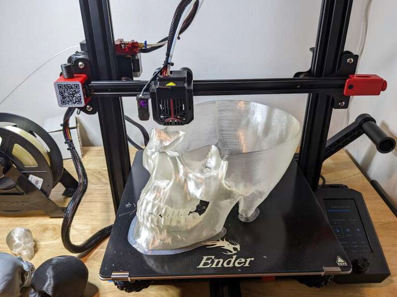 A large clear skull print used the printer for a roughly 73 hour job.
