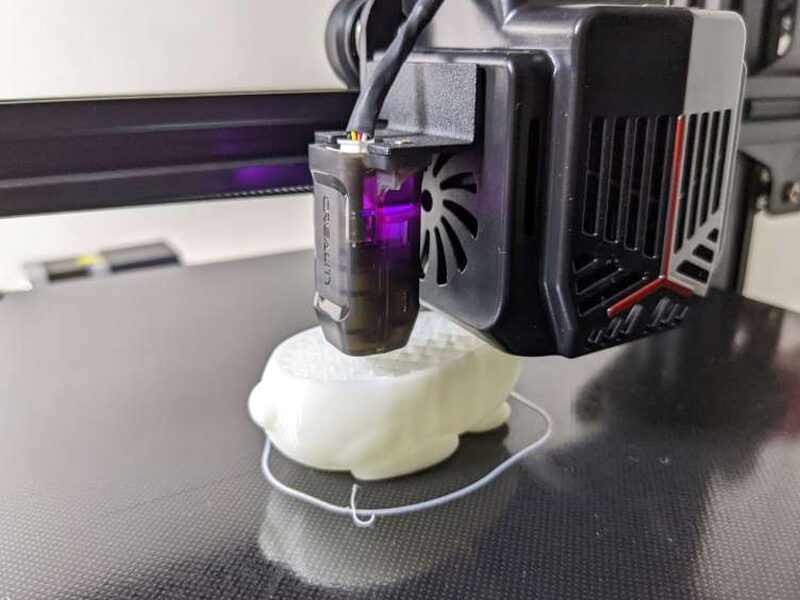 The rabbit print takes shape on the glass build plate.