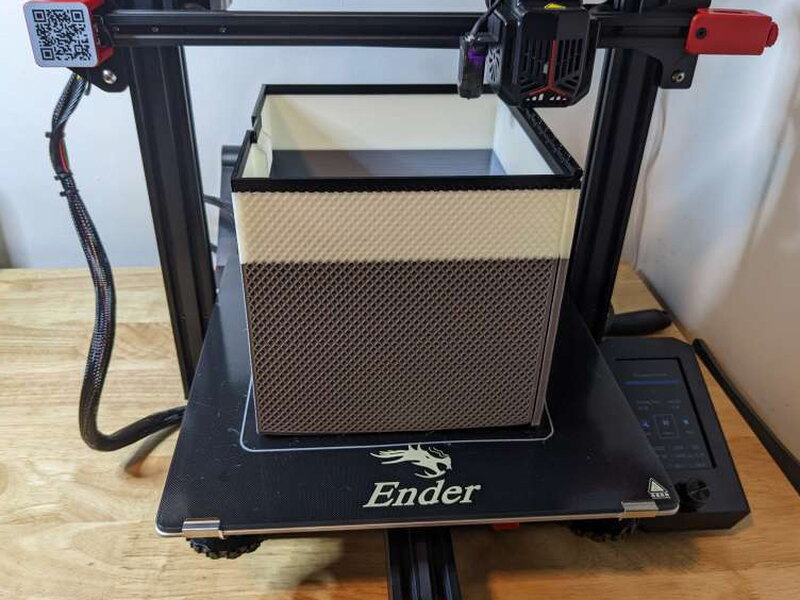 The large box finished as a three color print after filament changes.