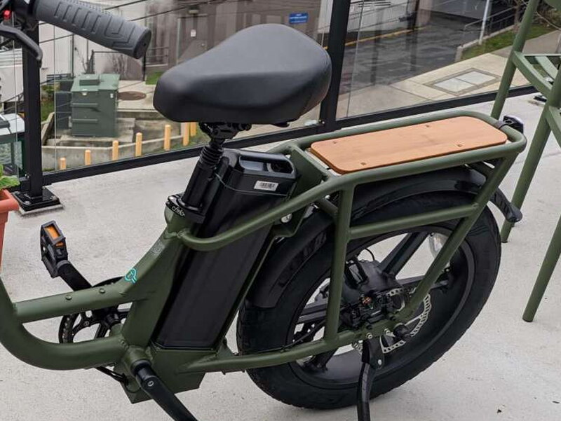 The rear cargo rack with wooden deck, wide saddle, battery, and kickstand visible.