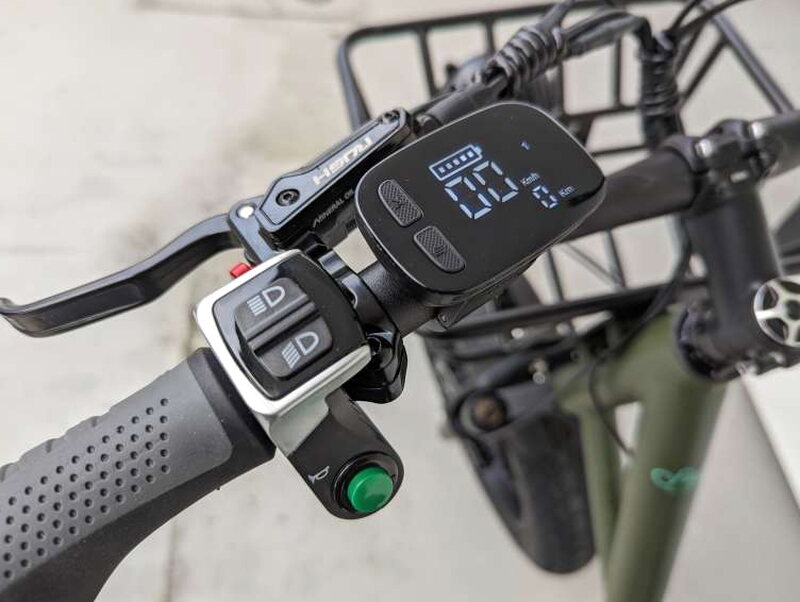 The left handlebar cluster with display controls, horn button, headlight switch, and brake lever.